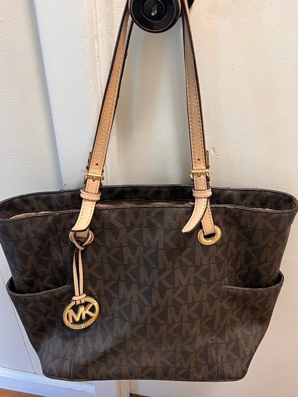 Michael Kors Brown MK Logo Tote with Beige Straps